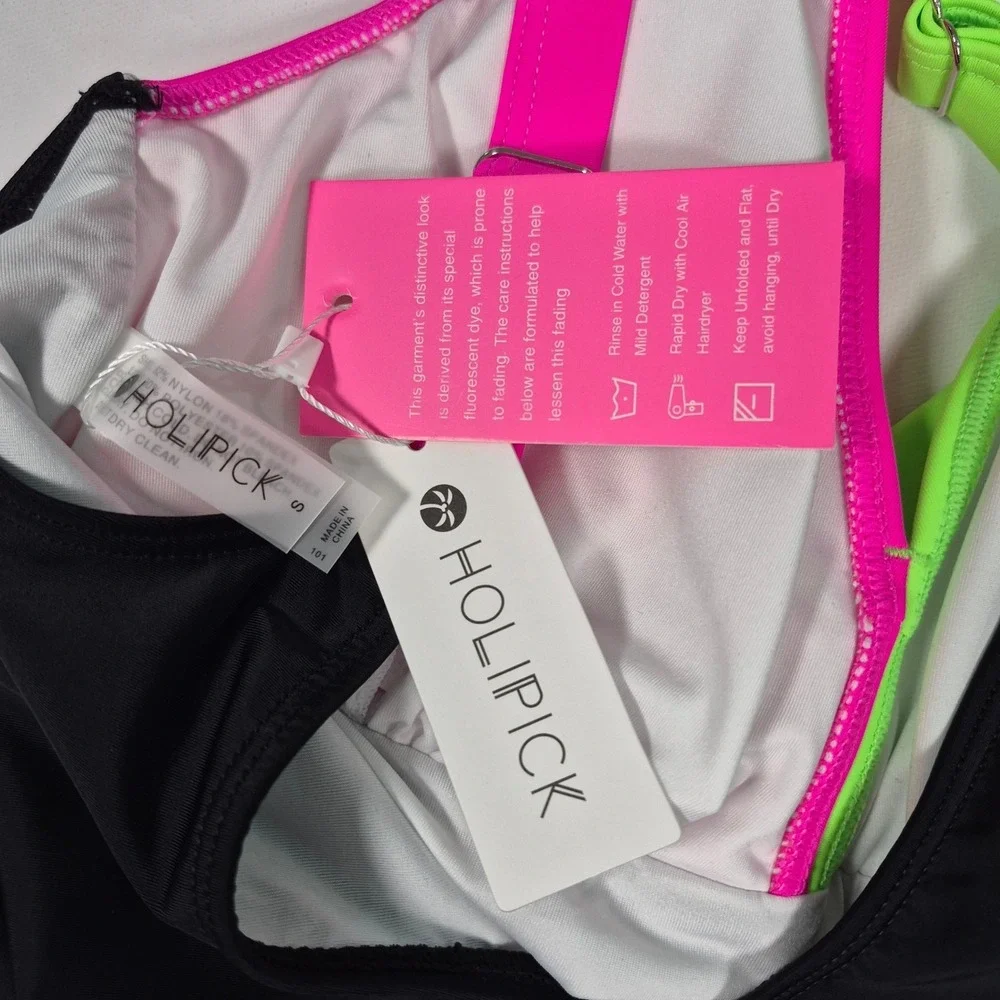 Holipick Neon Black Pink Green V-Neck Tummy Control One Piece Swimsuit Small NWT